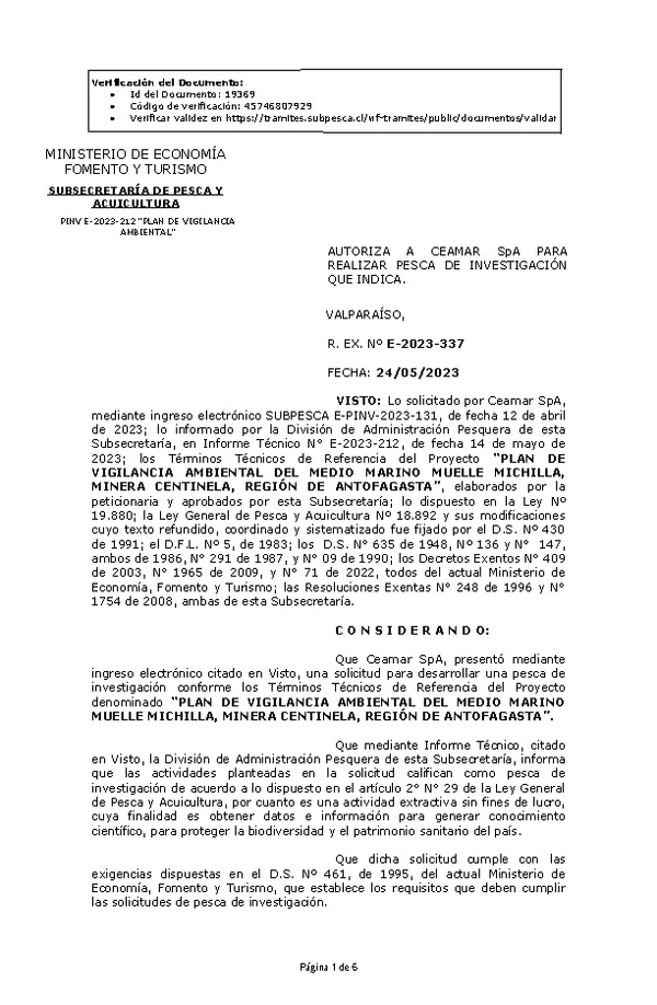 R. EX. Nº E-2023-337 AUTORIZA A CEAMAR SpA PARA REALIZAR PESCA DE INVESTIGACIÓN QUE INDICA. (Publicado en Página Web 25-05-2023)