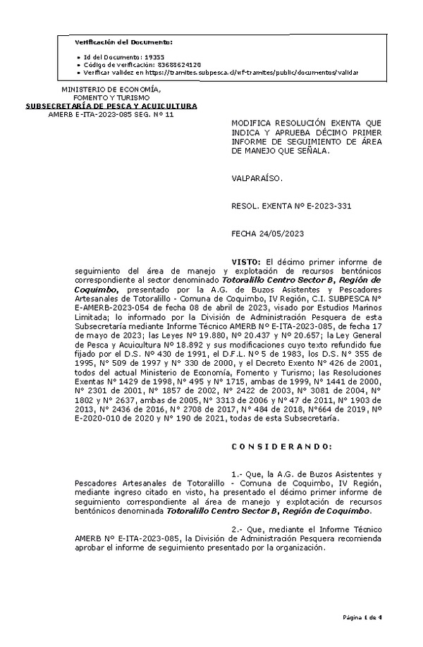 RESOL. EXENTA Nº E-2023-331 Modifica resolución que indica, Aprueba 11° seguimiento. (Publicado en Página Web 25-05-2023)