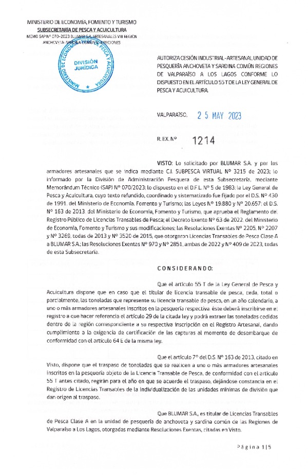 Res. Ex N° 1214-2023, Autoriza Cesión Anchoveta y Sardina Común Regiones de Valparaíso de Los Lagos. (Publicado en Página Web 25-05-2023)