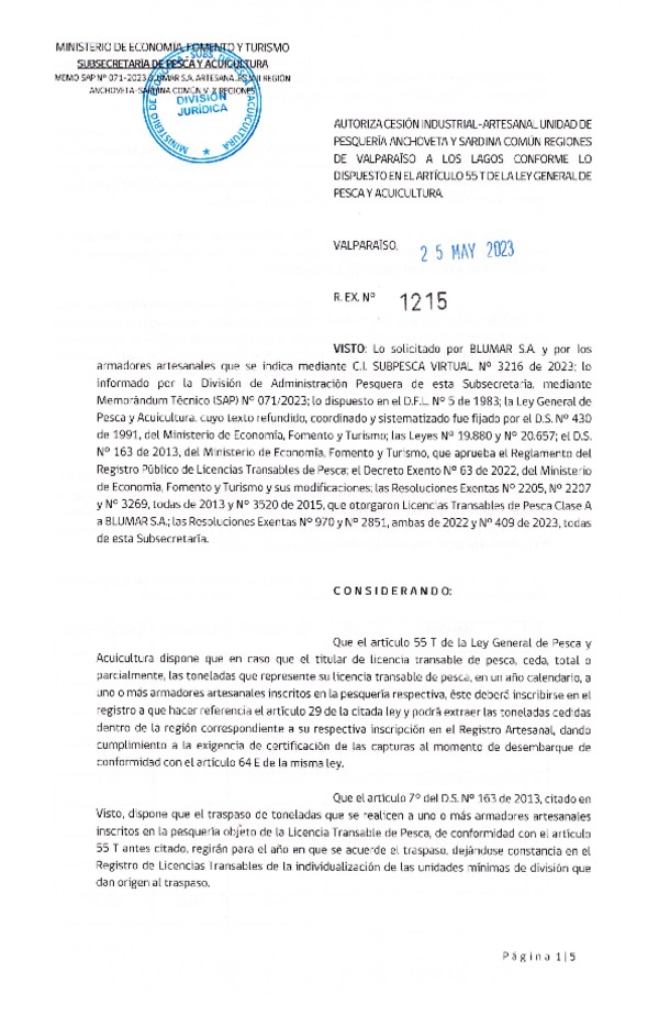 Res. Ex N° 1215-2023, Autoriza Cesión Anchoveta y Sardina Común Regiones de Valparaíso de Los Lagos. (Publicado en Página Web 25-05-2023)