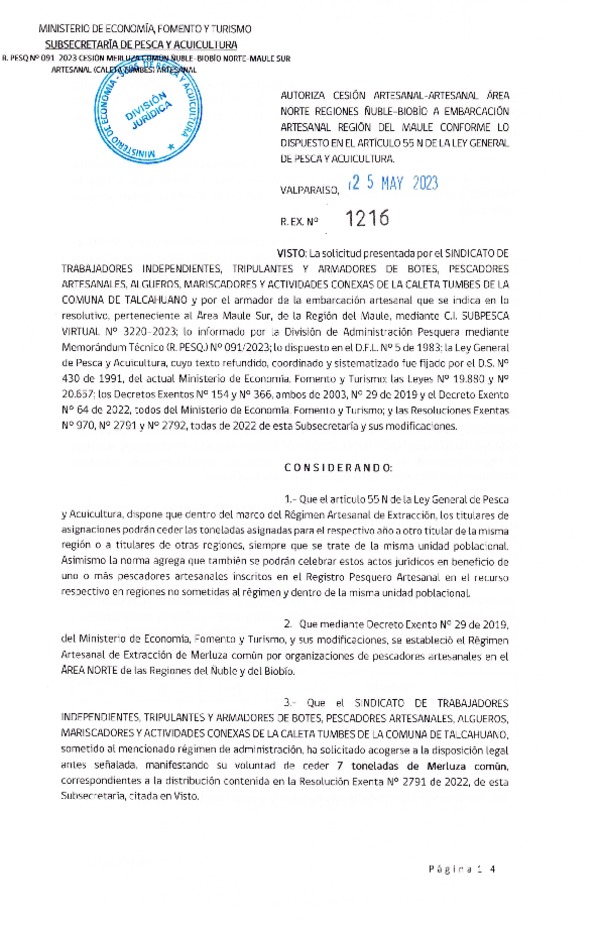 Res. Ex. N° 1216-2023 Autoriza Cesión de Merluza común, Región del Ñuble-Biobío a Región del Maule. (Publicado en Página Web 25-05-2023)