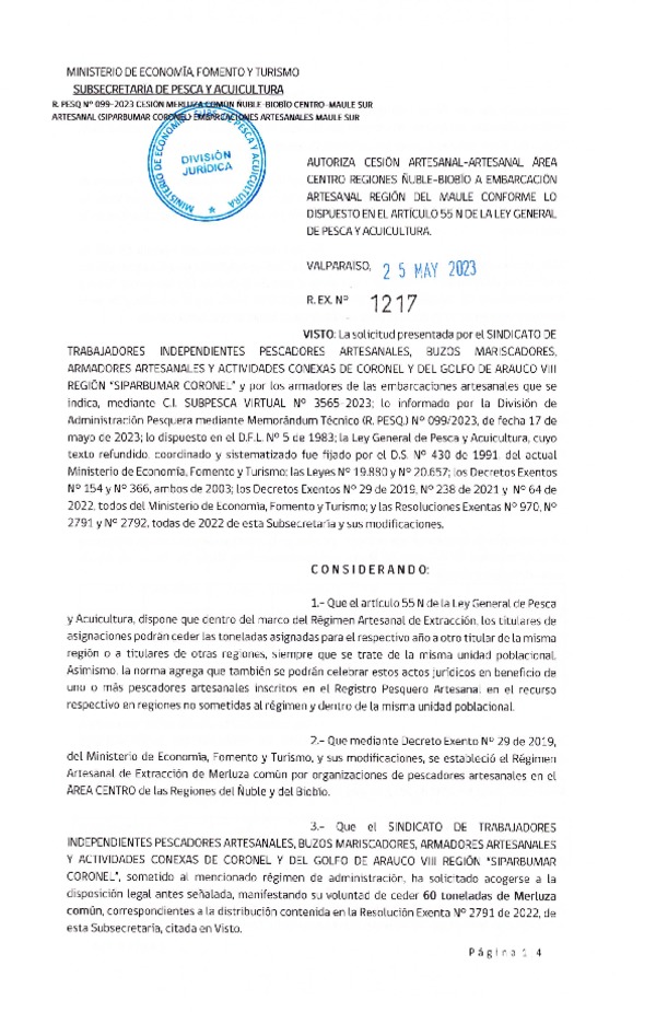 Res. Ex. N° 1217-2023 Autoriza Cesión de Merluza común, Región del Ñuble-Biobío a Región del Maule. (Publicado en Página Web 25-05-2023)