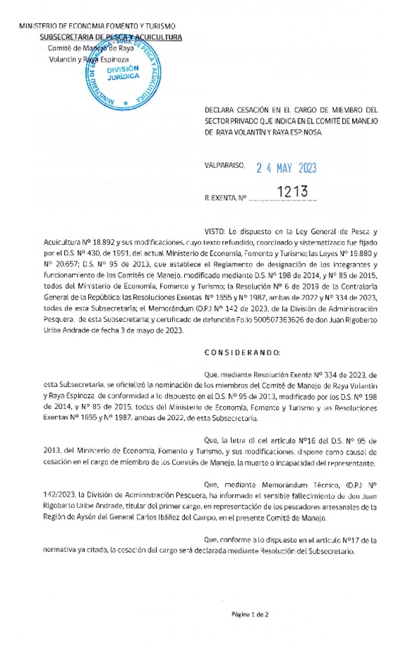 Res. Ex N° 1213-2023, Declara Cesación en el Cargo de Miembro del Sector Privado que Indica, en el Comité de Manejo de Raya Volantín y Raya Espinosa. (Publicado en Página Web 25-05-2023)