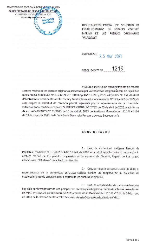 Res. Ex. N° 1219-2023 Desistimiento parcial de solicitud de establecimiento de ECMPO Pilpilewe. (Publicado en Página Web 25-05-2023)