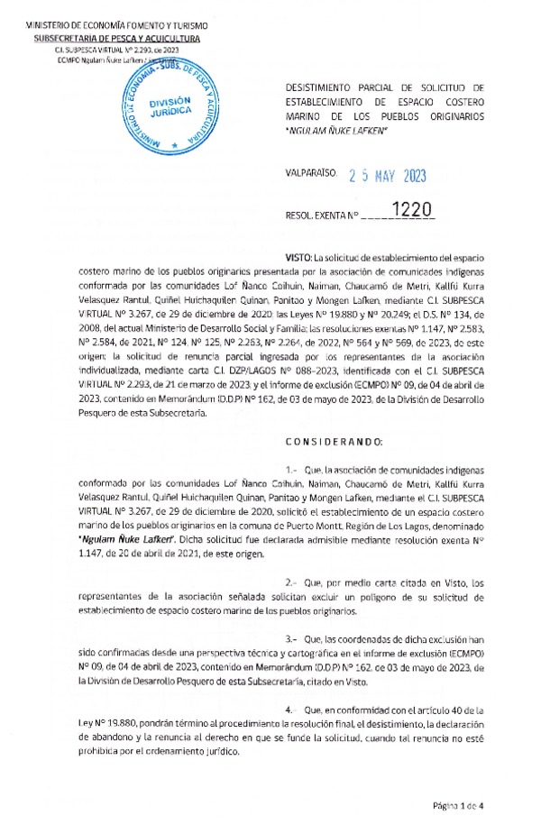 Res. Ex. N° 1220-2023 Desistimiento parcial de solicitud de establecimiento de ECMPO NGULAM ÑUKE LAFKEN. (Publicado en Página Web 25-05-2023)