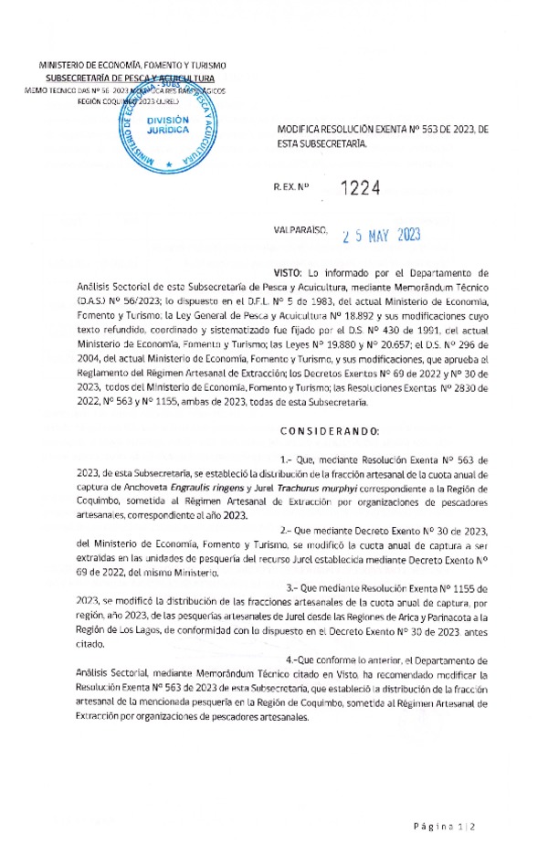 Res. Ex. N° 1224-2023 Modifica 	Res. Ex. N° 0563-2023 Distribución de la Fracción Artesanal de Pesquería de Anchoveta y Jurel, Región de Coquimbo, Año 2023. (Publicado en Página Web 26-05-2023)