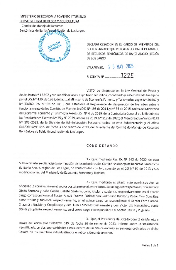 Res. Ex. N° 1225-2023, Declara Cesación en el Cargo de Miembros del Sector Privado que Indica, en el Comité de Manejo de Recursos Bentónicos de Bahía Ancud, Región de Los Lagos. (Publicado en Página Web 26-05-2023)