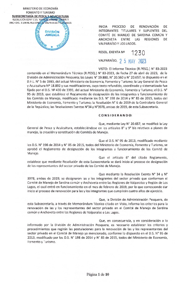 Res. Ex. N° 1230-2023 Inicia Proceso de Renovación de Miembros Titulares y Suplentes, del Comité de manejo de Sardina común y Anchoveta entre las Regiones de Valparaíso y Los Lagos. (Con Informe Técnico)(Publicado en Página Web 26-05-2023)