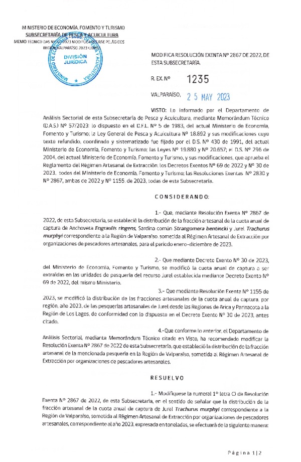 Res. Ex. N° 1235-2023 Modifica Res. Ex. N° 2867-2022 Distribución de la fracción artesanal de pesquerías de Anchoveta, Sardina Común y Jurel en la Región de Valparaíso, año 2023. (Publicado en Página Web 26-05-2023)