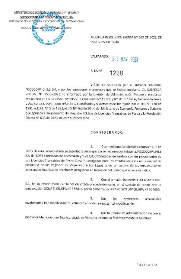 Res. Ex. N° 1228-2023 Modifica Res. Ex N° 0633-2023, Autoriza Cesión Anchoveta y Sardina Común Regiones de Valparaíso de Los Lagos. (Publicado en Página Web 26-05-2023)