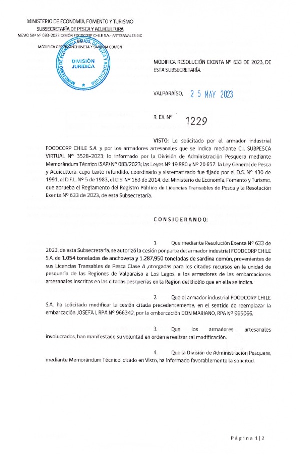 Res. Ex. N° 1229-2023 Modifica Res. Ex N° 0633-2023, Autoriza Cesión Anchoveta y Sardina Común Regiones de Valparaíso de Los Lagos. (Publicado en Página Web 26-05-2023)