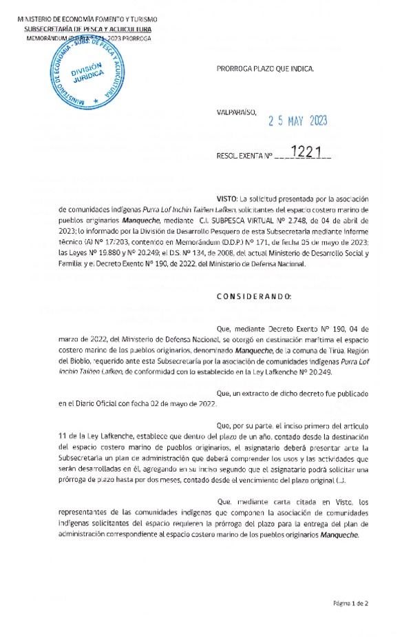 Res. Ex. N° 1221-2023 Prorroga plazo que indica. (Publicado en Página Web 26-05-2023)