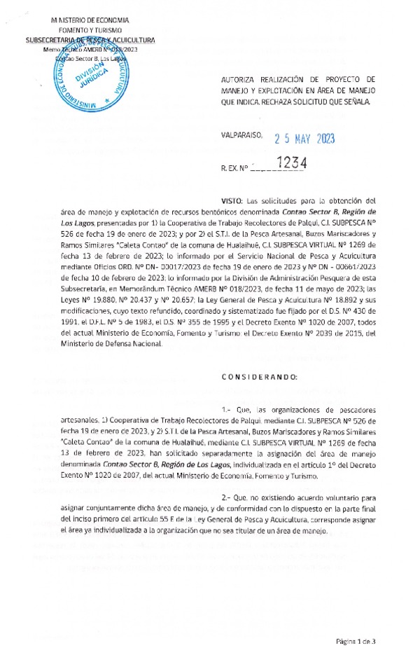 Res. Ex. N° 1234-2023 Autoriza Proyecto de manejo y explotación en área de manejo que indica. Rechaza solicitud que señala. (Publicado en Página Web 26-05-2023)