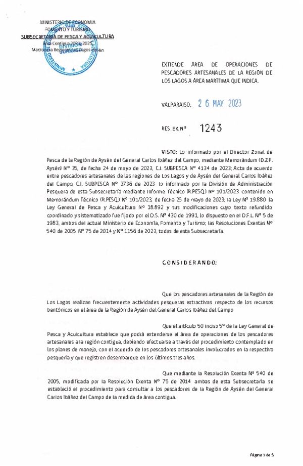 Res. Ex. N° 1243-2023 Extiende Área de Operaciones de Pescadores Artesanales de la Región de Los Lagos a Área Marítima que Indica. (Publicado en Página Web 26-05-2023)