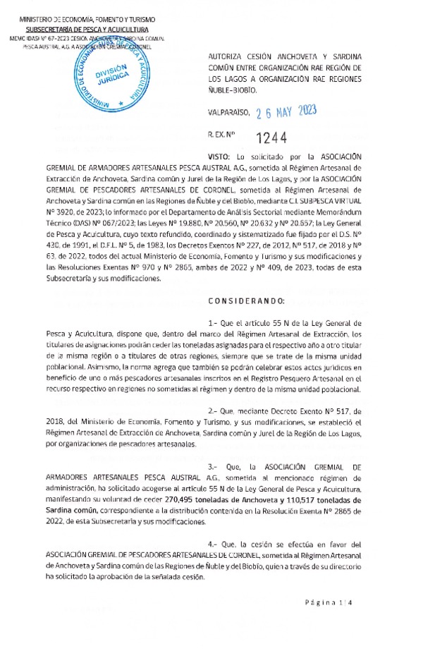 Res. Ex N° 1244-2023, Autoriza cesión Anchoveta y Sardina Común Región de Los Lagos a el Biobío. (Publicado en Página Web 26-05-2023).