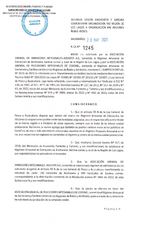 Res. Ex N° 1245-2023, Autoriza cesión Anchoveta y Sardina Común Región de Los Lagos a el Biobío. (Publicado en Página Web 26-05-2023).