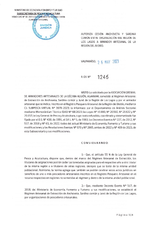 Res. Ex N° 1246-2023, Autoriza cesión Anchoveta y Sardina Común Región de Los Lagos a el Biobío. (Publicado en Página Web 26-05-2023).