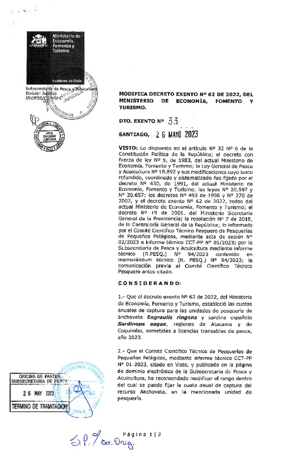 Dec. Ex. N° 33-2023 Modifica Dec. Ex. N° 62-2022 Establece Cuota de Captura de Unidades de Pesquería de Anchoveta y Sardina Española Atacama-Coquimbo Sometidas a Licencias Transables de Pesca, Año 2023. (Publicado en Página Web 29-05-2023)