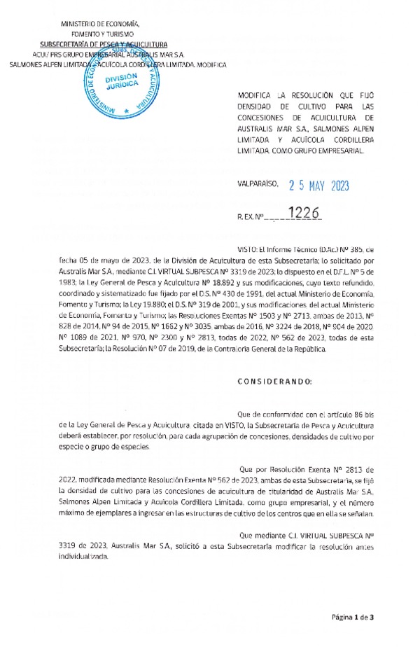 Res. Ex. N° 1226-2023 Modifica Res. Ex. N° 2813-2022 Fija densidad de cultivo para las concesiones de acuicultura de titularidad de Australis Mar S.A., Salmones Alpen Limitada y Acuícola Cordillera Limitada, Aprueba programa de manejo que indica. (Con Informe Técnico) (Publicado en Página Web 29-05-2023)