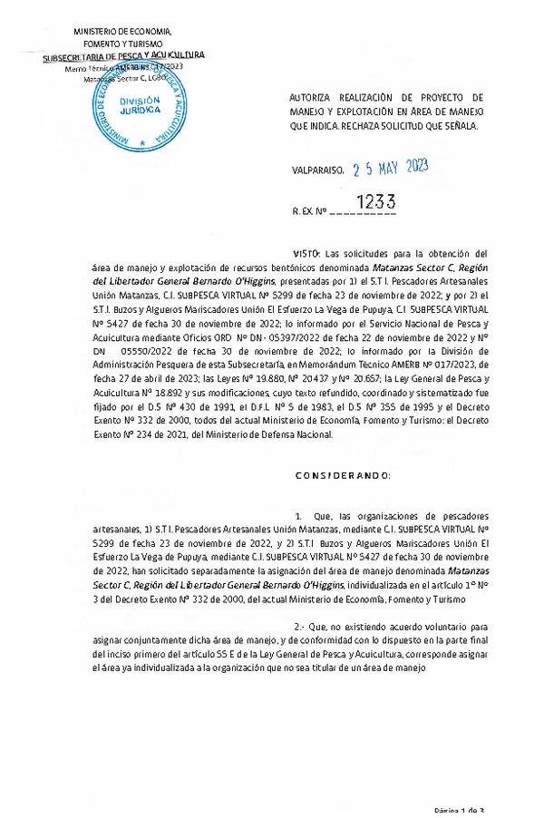 Res. Ex. N° 1233-2023 Autoriza realización de proyecto de manejo que indica. Rechaza solicitud que señala. (Publicado en Página Web 29-05-2023)