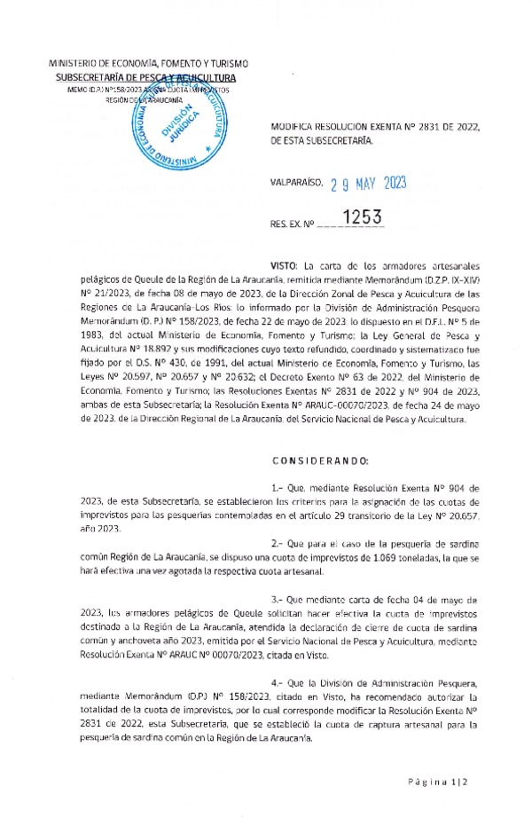 Res. Ex. N° 1253-2023 Modifica Res. Ex. N° 2831-2022 Establece Distribución de las Fracciones Artesanales de Anchoveta y Sardina Común, Regiones de Valparaíso a Los Lagos, por Región, Año 2023. (Publicado en Página Web 31-05-2023)