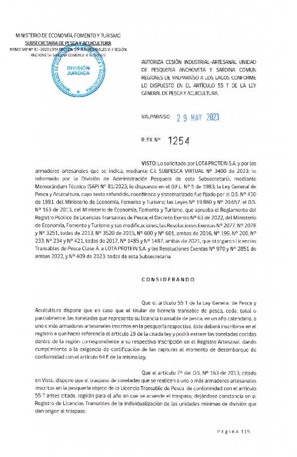 Res. Ex. N° 1254-2023, Autoriza Cesión Anchoveta y Sardina Común Regiones de Valparaíso de Los Lagos. (Publicado en Página Web 31-05-2023)