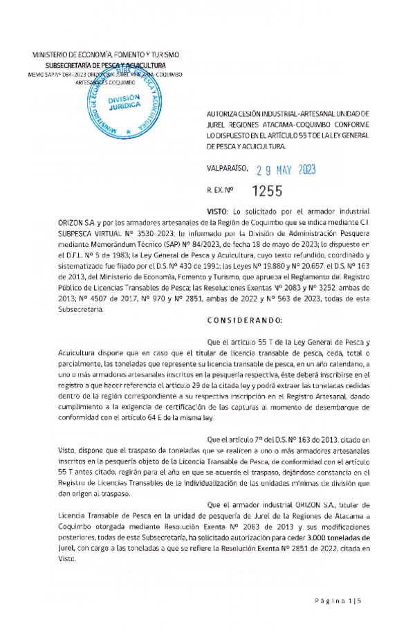 Res. Ex. N° 1255-2023, Autoriza Cesión de Jurel Regiones de Atacama a Coquimbo. (Publicado en Página Web 31-05-2023).