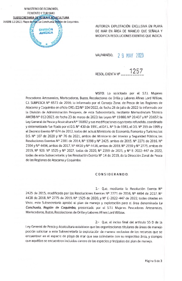 Res. Ex. N° 1257-2023 Autoriza explotación exclusiva en playa de mar en área de manejo que señala y Modifica resoluciones exentas que indica. (Publicado en Página Web 31-05-2023)