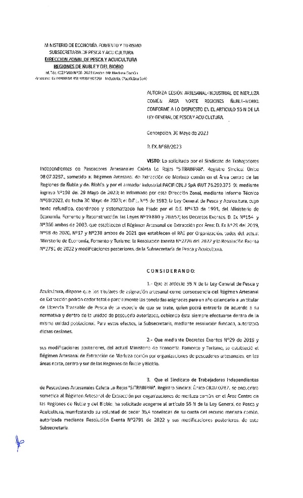 Res. Ex. N° 068-2023 (DZP Ñuble y del Biobío) Autoriza cesión Merluza Común. (Publicado en Página Web 31-05-2023)