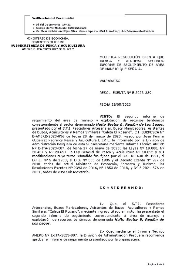 RESOL. EXENTA Nº E-2023-339 Modifica resolución que indica,  Aprueba 2° Seguimiento. (Publicado en Página Web 31-05-2023)