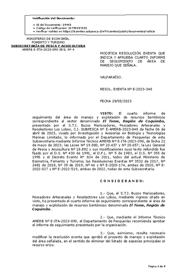 RESOL. EXENTA Nº E-2023-348 Modifica resolución que indica, Aprueba 4° seguimiento. (Publicado en Página Web 31-05-2023)