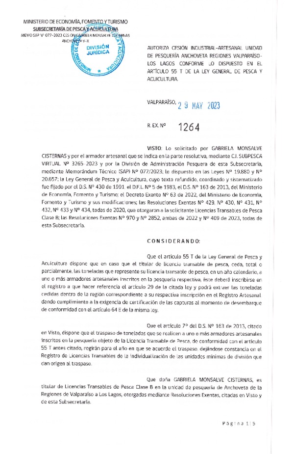 Res. Ex. N° 1264-2023, Autoriza Cesión Anchoveta Regiones de Valparaíso de Los Lagos. (Publicado en Página Web 31-05-2023)
