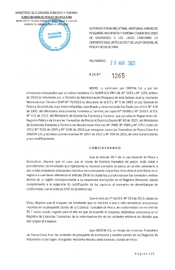 Res. Ex. N° 1265-2023, Autoriza Cesión Anchoveta y Sardina común, Regiones de Valparaíso de Los Lagos. (Publicado en Página Web 31-05-2023)