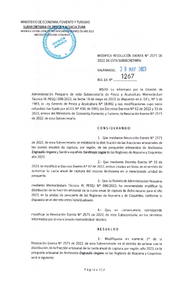 Res. Ex. N° 1267-2023 Modifica Res. Ex. N° 2571-2022 Establece Distribución de las Fracciones Artesanales de Anchoveta y Sardina Española Regiones de Atacama y Coquimbo, Por Región, Año 2023. (Publicado en Página Web 01-06-2023)