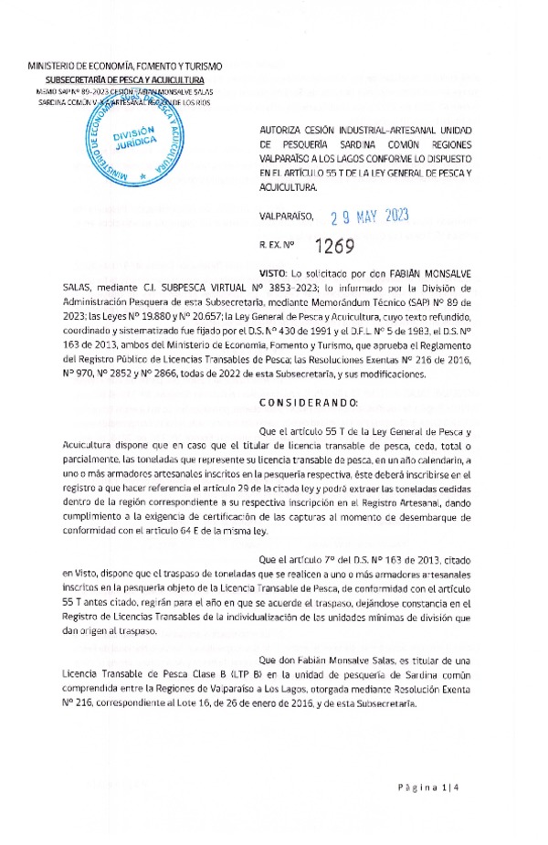 Res. Ex. N° 1269-2023, Autoriza Cesión Sardina común, Regiones de Valparaíso de Los Lagos. (Publicado en Página Web 01-06-2023)