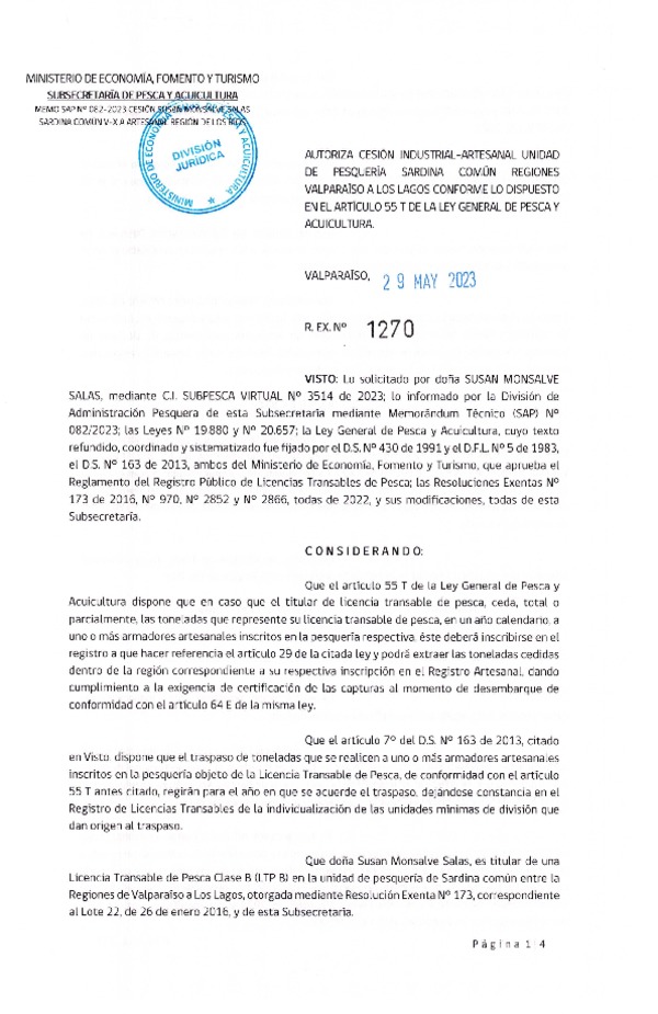 Res. Ex. N° 1270-2023, Autoriza Cesión Sardina común, Regiones de Valparaíso de Los Lagos. (Publicado en Página Web 01-06-2023)
