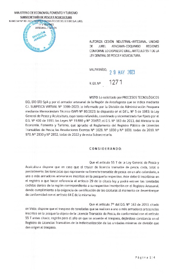 Res. Ex. N° 1271-2023, Autoriza Cesión de Jurel Regiones de Atacama a Coquimbo. (Publicado en Página Web 01-06-2023).