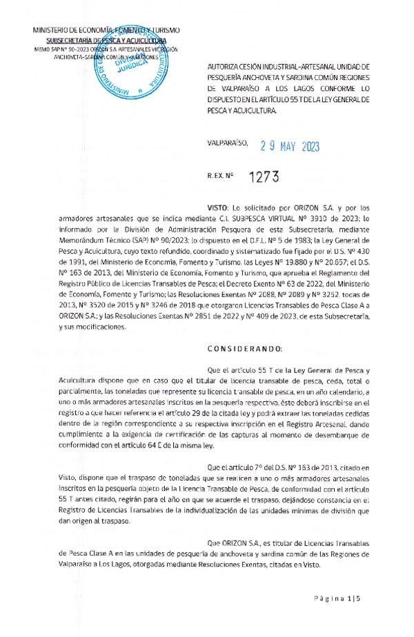 Res. Ex. N° 1273-2023, Autoriza Cesión Sardina común, Regiones de Valparaíso de Los Lagos. (Publicado en Página Web 02-06-2023)