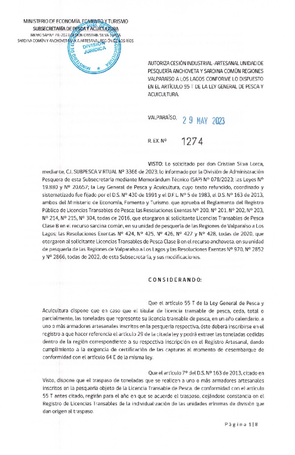 Res. Ex. N° 1274-2023, Autoriza Cesión Sardina común, Regiones de Valparaíso de Los Lagos. (Publicado en Página Web 02-06-2023)