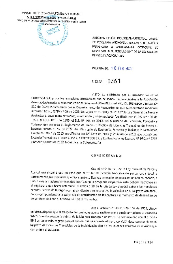Res. Ex. N°0361-2023 Autoriza cesión Anchoveta, Regiones de Arica y Parinacota a Antofagasta. (Publicado en Página Web 16-02-2023)