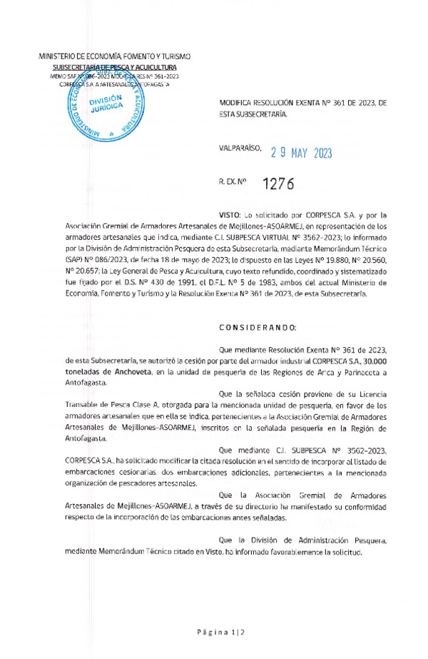 Res. Ex. N° 1276-2023 Modifica Res. Ex. N°0361-2023 Autoriza cesión Anchoveta, Regiones de Arica y Parinacota a Antofagasta. (Publicado en Página Web 16-02-2023)