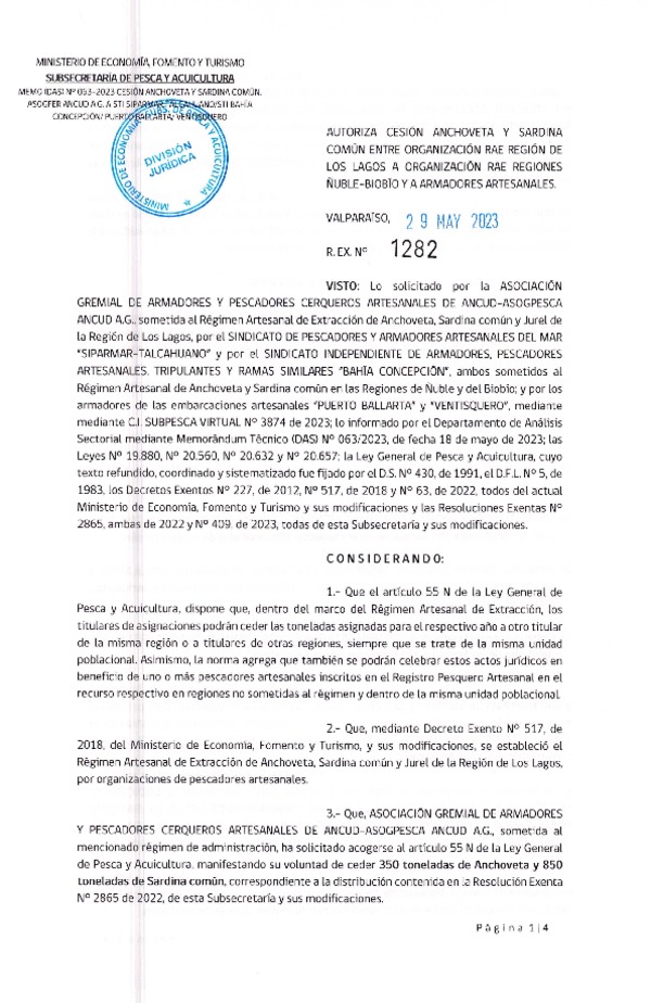 Res. Ex N° 1282-2023, Autoriza cesión Anchoveta y Sardina Común Región de Los Lagos a el Biobío. (Publicado en Página Web 02-06-2023).