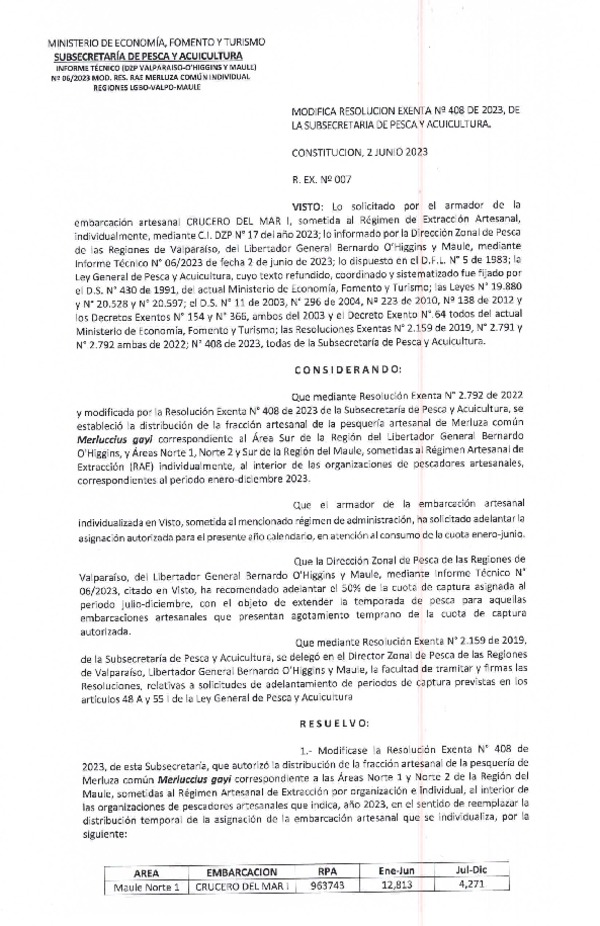 Res. Ex. N° 007-2023 (DZP Valparaíso-O'Higgins-Maule) Modifica Res. Ex. N° 408-2023 RAE Merluza común individual. (Publicado en Página Web 02-06-2023)