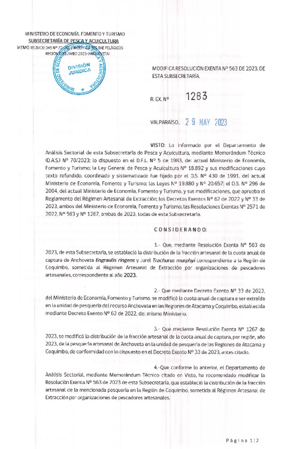 Res. Ex. N° 1283-2023 Modifica Res. Ex. N° 0563-2023 Distribución de la Fracción Artesanal de Pesquería de Anchoveta y Jurel, Región de Coquimbo, Año 2023. (Publicado en Página Web 02-06-2023)