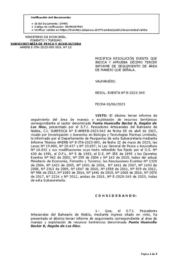 RESOL. EXENTA Nº E-2023-349 Modifica resolución que indica, Aprueba 13° Seguimiento. (Publicado en Página Web 05-06-2023)