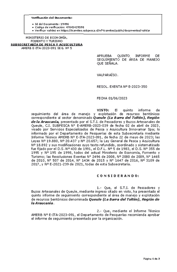 RESOL. EXENTA Nº E-2023-350 Aprueba 5° Seguimiento. (Publicado en Página Web 05-06-2023)