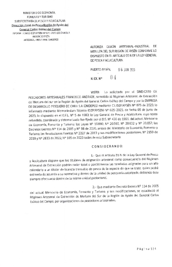 Res. Ex. N° 04-2023 (DZP Región de Aysén) Autoriza cesión merluza del sur, Región de Aysén del General Carlos Ibañez del Campo. (Publicado en Página Web 06-06-2013)