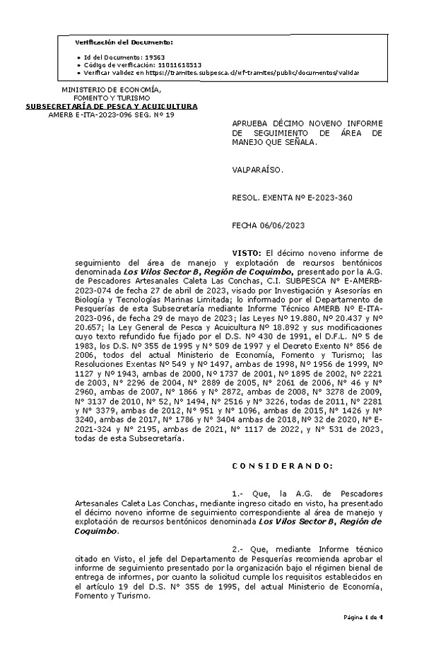 R. EX. N° E-2023-360 Aprueba 19° seguimiento. (Publicado en Página Web 07-06-2023).