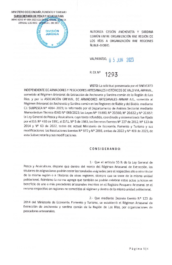 Res. Ex N° 1293-2023, Autoriza cesión Anchoveta y Sardina Común Región de Los Ríos a Ñuble-Biobío. (Publicado en Página Web 07-06-2023).