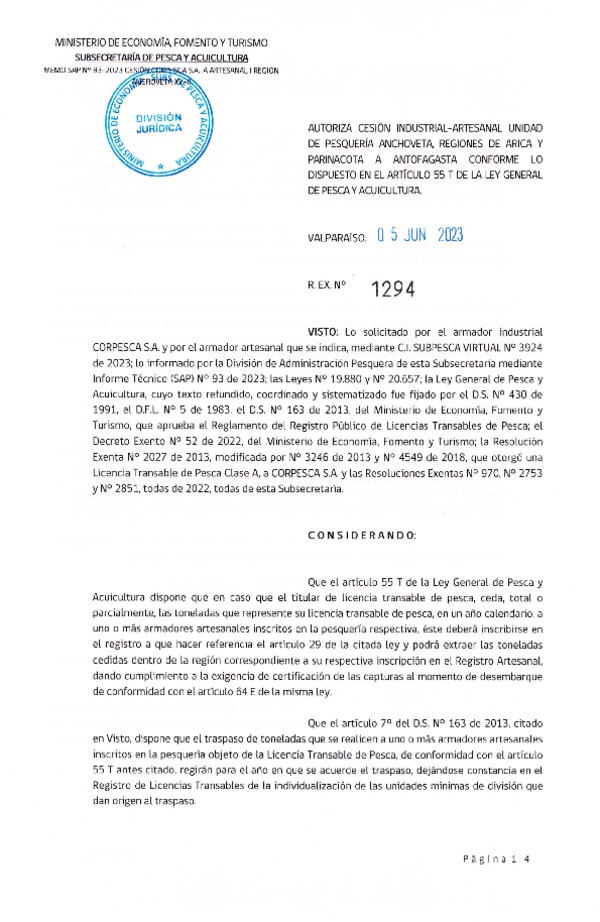 Res. Ex. N° 1294-2023 Autoriza cesión Anchoveta, Regiones de Arica y Parinacota a Antofagasta. (Publicado en Página Web 07-06-2023)